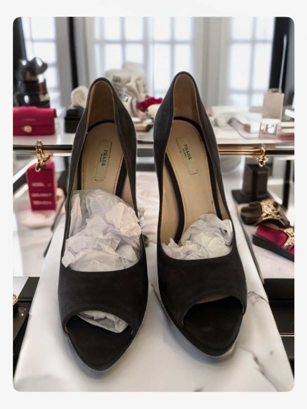 Prada Black Suede Peep-Toe Pumps